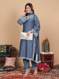 Varanga Women Grey Embroidered Straight Kurta With Bottom And Dupatta