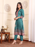 Varanga Women Teal Floral Printed Winter Straight Kurta With Trousers And Printed Dupatta