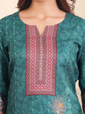 Varanga Women Teal Floral Printed Winter Straight Kurta With Trousers And Printed Dupatta