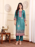 Varanga Women Teal Floral Printed Winter Straight Kurta With Trousers And Printed Dupatta