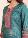 Varanga Women Teal Floral Printed Winter Straight Kurta With Trousers And Printed Dupatta