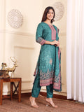 Varanga Women Teal Floral Printed Winter Straight Kurta With Trousers And Printed Dupatta