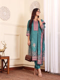 Varanga Women Teal Floral Printed Winter Straight Kurta With Trousers And Printed Dupatta