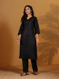 Varanga Women Solid Black V Neck Straight Kurta Set with Printed Dupatta