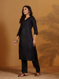 Varanga Women Solid Black V Neck Straight Kurta Set with Printed Dupatta