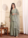 Varanga Women Angrakha Lace Detailed Peplum Kurta Paired With Sharara And Dupatta.