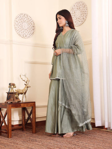 Varanga Women Angrakha Lace Detailed Peplum Kurta Paired With Sharara And Dupatta.