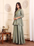 Varanga Women Angrakha Lace Detailed Peplum Kurta Paired With Sharara And Dupatta.