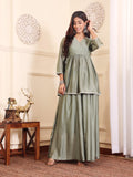 Varanga Women Angrakha Lace Detailed Peplum Kurta Paired With Sharara And Dupatta.