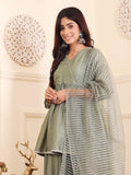 Varanga Women Angrakha Lace Detailed Peplum Kurta Paired With Sharara And Dupatta.