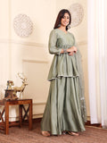 Varanga Women Angrakha Lace Detailed Peplum Kurta Paired With Sharara And Dupatta.