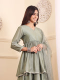 Varanga Women Angrakha Lace Detailed Peplum Kurta Paired With Sharara And Dupatta.