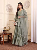 Varanga Women Angrakha Lace Detailed Peplum Kurta Paired With Sharara And Dupatta.