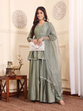 Varanga Women Angrakha Lace Detailed Peplum Kurta Paired With Sharara And Dupatta.