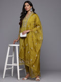 Varanga Women Mustard Schiffli Thread Embroidered Organza Detailed Kurta Set with Bottom and Dupatta