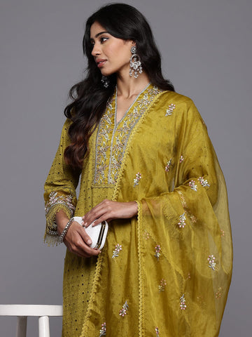 Varanga Women Mustard Schiffli Thread Embroidered Organza Detailed Kurta Set with Bottom and Dupatta