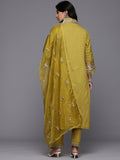 Varanga Women Mustard Schiffli Thread Embroidered Organza Detailed Kurta Set with Bottom and Dupatta