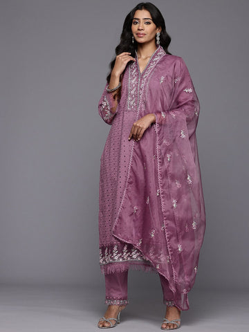 Varanga Women Lavender Schiffli Thread Embroidered Organza Detailed Kurta Set with Bottom and Dupatta