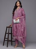 Varanga Women Lavender Schiffli Thread Embroidered Organza Detailed Kurta Set with Bottom and Dupatta