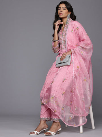 Varanga Women Pink Schiffli Thread Embroidered Organza Detailed Kurta Set with Bottom and Dupatta