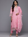 Varanga Women Pink Schiffli Thread Embroidered Organza Detailed Kurta Set with Bottom and Dupatta