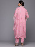 Varanga Women Pink Schiffli Thread Embroidered Organza Detailed Kurta Set with Bottom and Dupatta