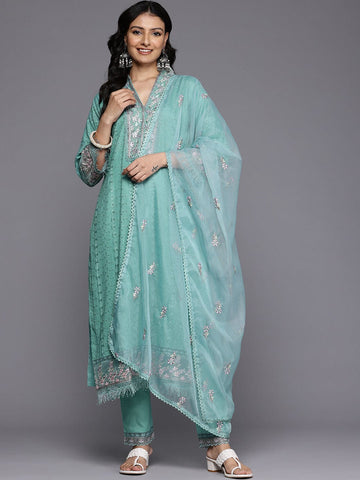 Varanga Women Turquoise Blue Schiffli Thread Embroidered Organza Detailed Kurta Set with Bottom and Dupatta