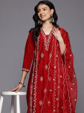 Varanga Women Red Cotton Thread Embroidered Detailed Kurta Set with Bottom and Dupatta