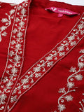 Varanga Women Red Cotton Thread Embroidered Detailed Kurta Set with Bottom and Dupatta