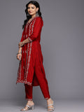 Varanga Women Red Cotton Thread Embroidered Detailed Kurta Set with Bottom and Dupatta