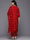 Varanga Women Red Cotton Thread Embroidered Detailed Kurta Set with Bottom and Dupatta