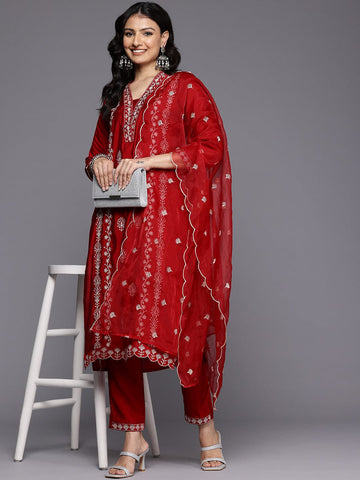 Varanga Women Red Cotton Thread Embroidered Detailed Kurta Set with Bottom and Dupatta