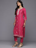 Varanga Women Rose Pink Cotton Thread Embroidered Detailed Kurta Set with Bottom and Dupatta