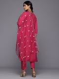 Varanga Women Rose Pink Cotton Thread Embroidered Detailed Kurta Set with Bottom and Dupatta