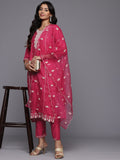 Varanga Women Rose Pink Cotton Thread Embroidered Detailed Kurta Set with Bottom and Dupatta