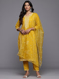 Varanga Women Mustard Cotton Thread Embroidered Detailed Kurta Set with Bottom and Dupatta