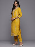 Varanga Women Mustard Cotton Thread Embroidered Detailed Kurta Set with Bottom and Dupatta