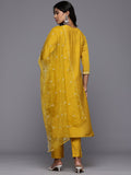 Varanga Women Mustard Cotton Thread Embroidered Detailed Kurta Set with Bottom and Dupatta