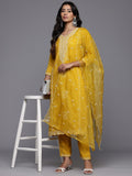 Varanga Women Mustard Cotton Thread Embroidered Detailed Kurta Set with Bottom and Dupatta