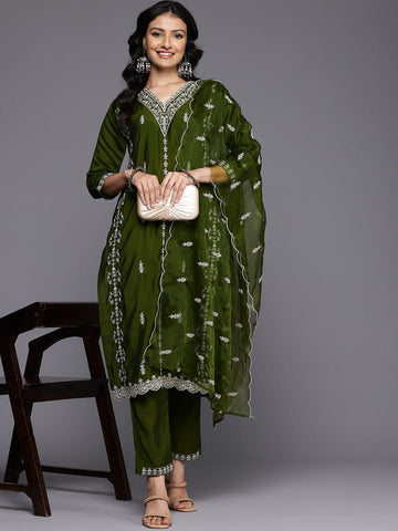 Varanga Women Olive Green Cotton Thread Embroidered Detailed Kurta Set with Bottom and Dupatta