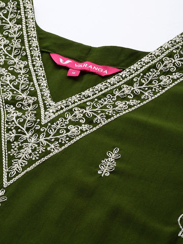 Varanga Women Olive Green Cotton Thread Embroidered Detailed Kurta Set with Bottom and Dupatta