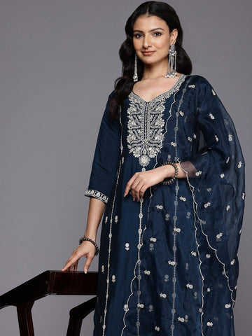 Varanga Women Blue Cotton Thread Embroidered Detailed Kurta Set with Bottom and Dupatta