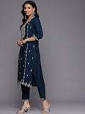 Varanga Women Blue Cotton Thread Embroidered Detailed Kurta Set with Bottom and Dupatta