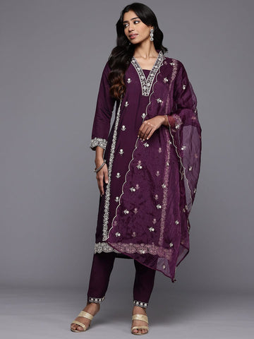 Varanga Women Purple Cotton Thread Embroidered Detailed Kurta Set with Bottom and Dupatta