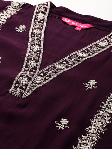 Varanga Women Purple Cotton Thread Embroidered Detailed Kurta Set with Bottom and Dupatta