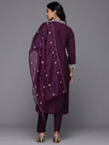 Varanga Women Purple Cotton Thread Embroidered Detailed Kurta Set with Bottom and Dupatta