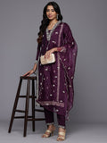 Varanga Women Purple Cotton Thread Embroidered Detailed Kurta Set with Bottom and Dupatta