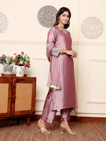 Varanga Women Lavender Zari Embroidered Kurta Set With Tonal Bottom And Dupatta