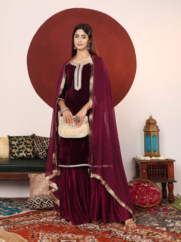 Varanga Women Lace Detailed Velvet Kurta With Sharara And Dupatta.