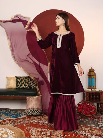 Varanga Women Lace Detailed Velvet Kurta With Sharara And Dupatta.